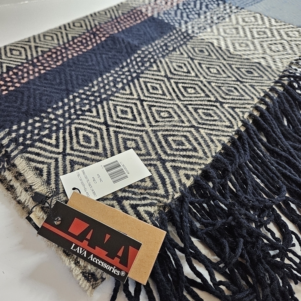 NEW Lava Accessories Blue Geometric Multi-Style Blanket Fringe Scarf